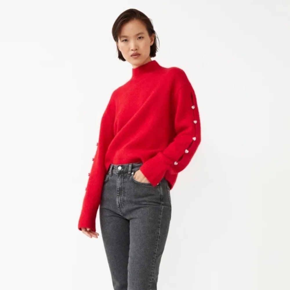 NWT & Other Stories Red Mohair Wool Rhinestone Cropped Sweater XS - Picture 2 of 11
